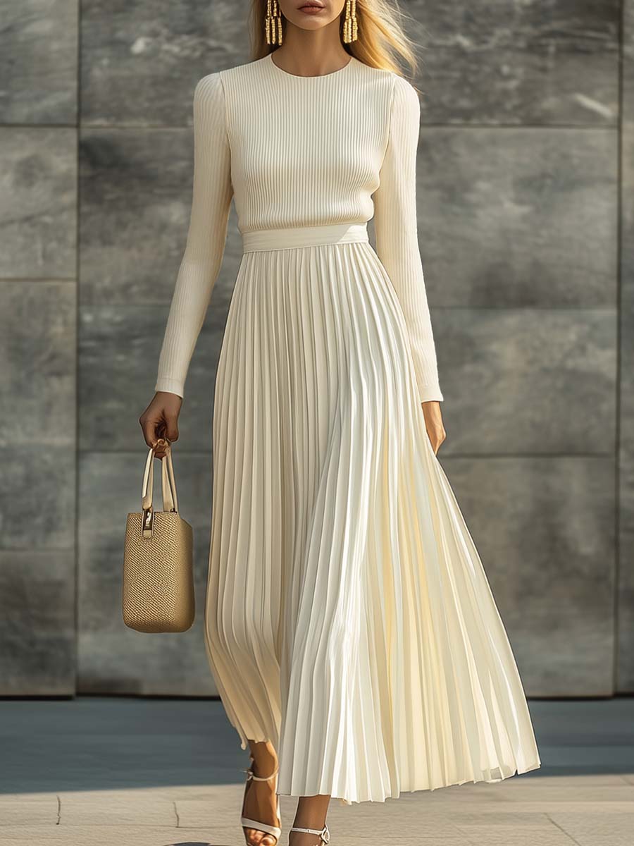 Charlotte | Ribbed Knit Pleated Satin Midi Dress for Women
