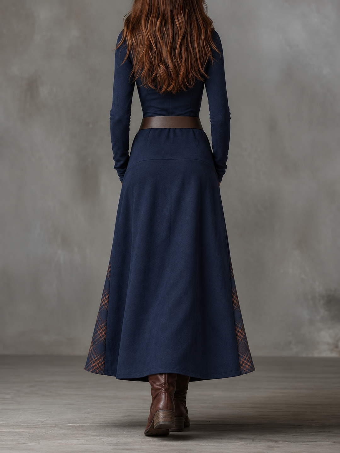 Helena Ivy | Belted Plaid Long-Sleeve Maxi Dress for Women