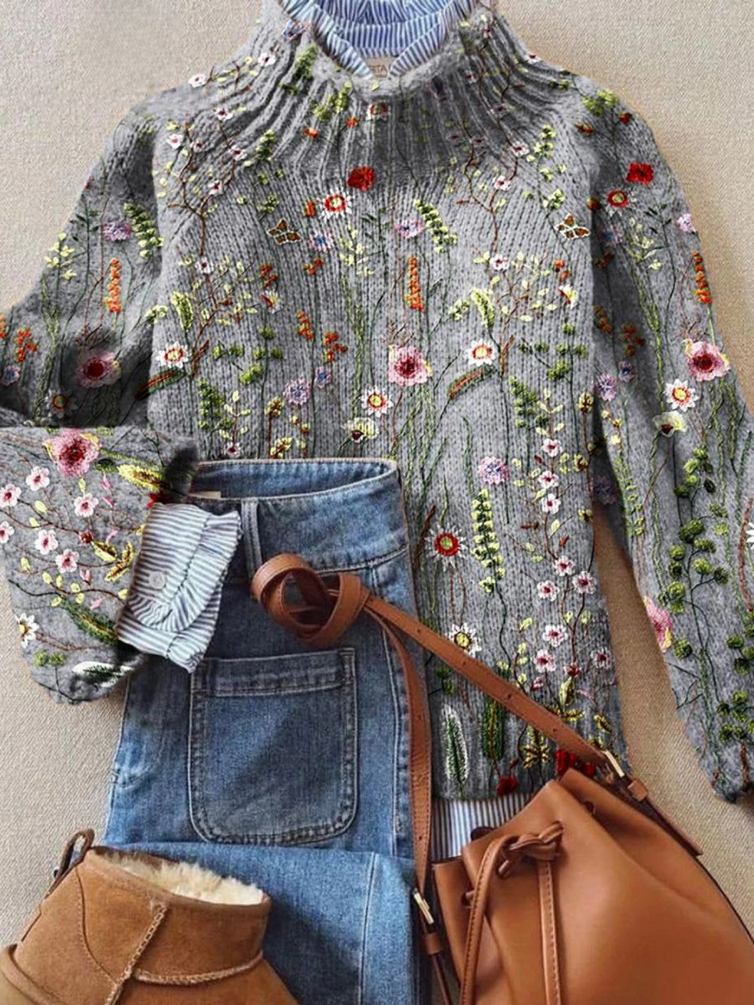 Rosamund floral knit jumper for women by Bennett and Lowe, featuring a colorful floral pattern and cozy knit fabric.