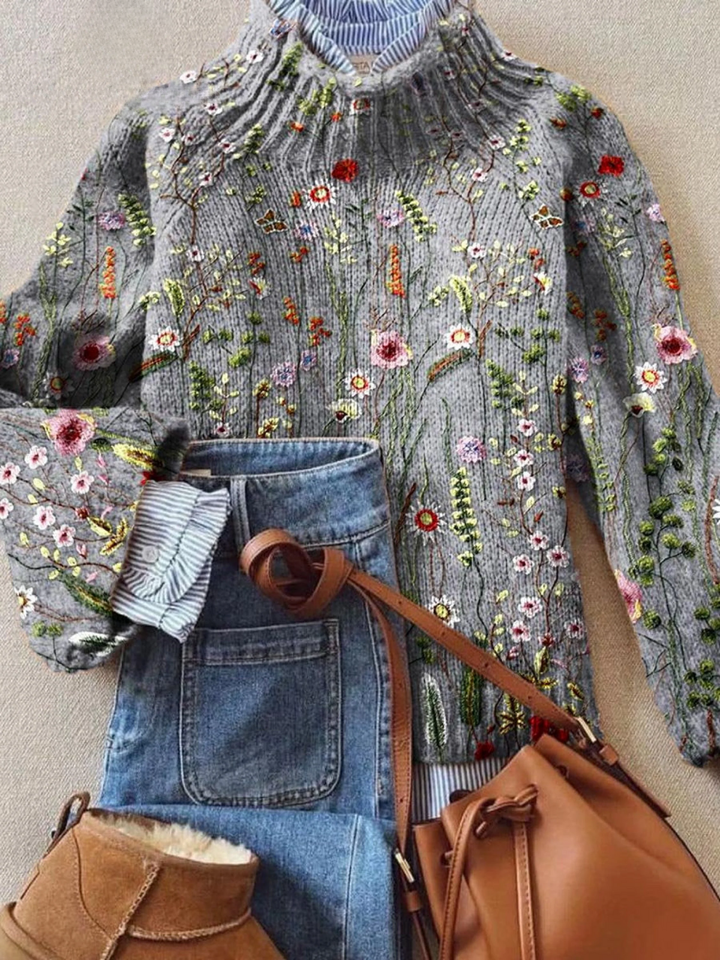 Rosamund floral knit jumper for women by Bennett and Lowe, featuring a colorful floral pattern and cozy knit fabric.