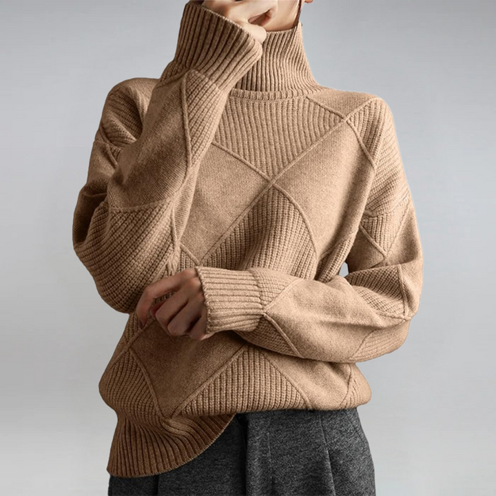 Bennett and Lowe Lauren women's turtleneck long-sleeve knit sweater in cozy, soft fabric, shown in a neutral color.