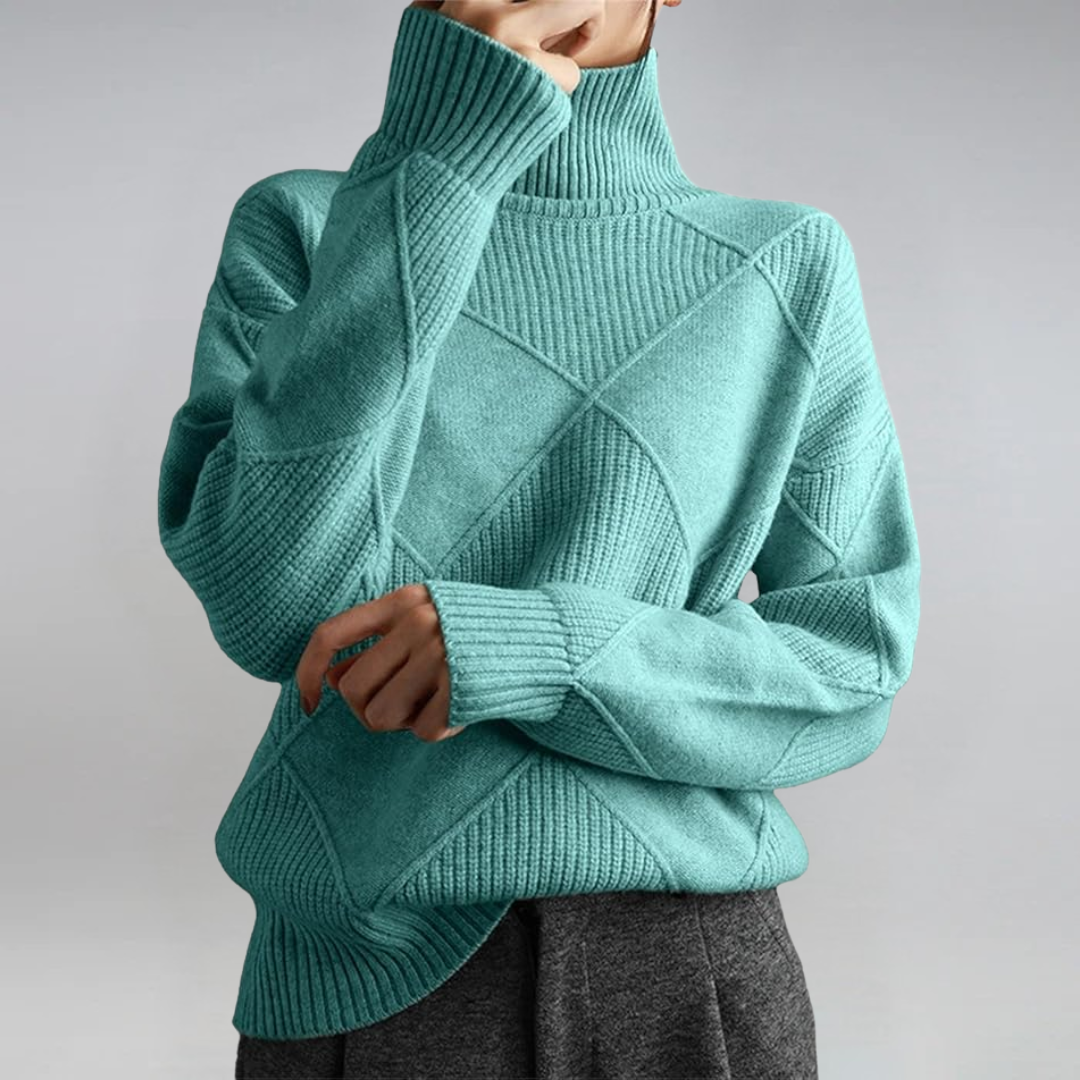 Lauren Bennett and Lowe long-sleeve turtleneck knit sweater for women, featuring a cozy, fitted design in neutral color.