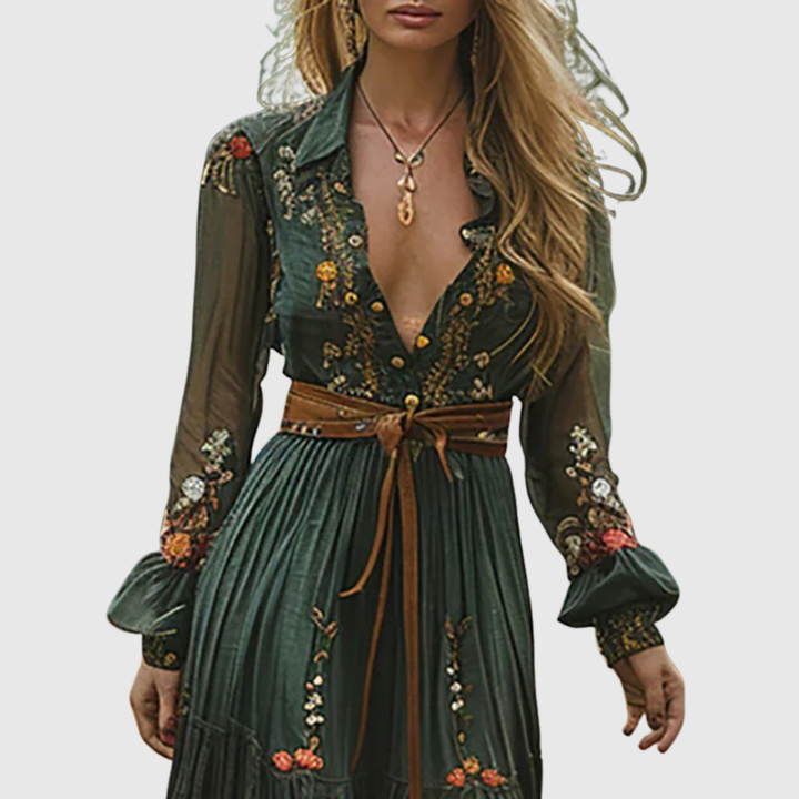 Alina Soleil | Embroidered V-Neck Long-Sleeve Boho Maxi Dress for Women