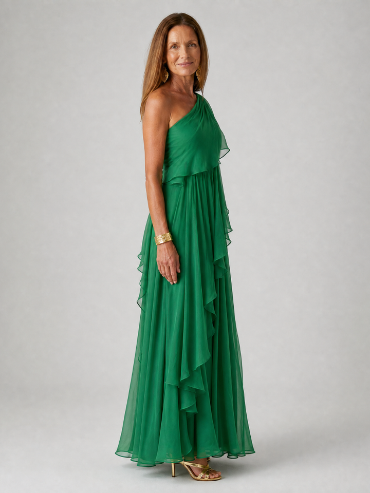 Tracey Bennett and Lowe one-shoulder ruffle maxi dress in flowing fabric, featuring a stylish asymmetrical neckline and elegant design.