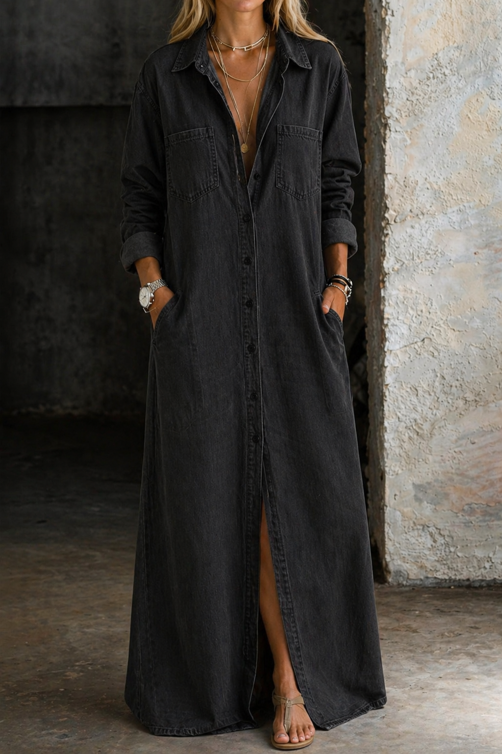 Delia | Button-Front Maxi Shirt Dress