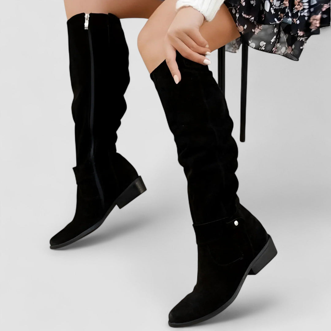 Nora Bennett and Lowe knee-high suede orthopedic boot for women, showing the stylish design and ankle coverage.