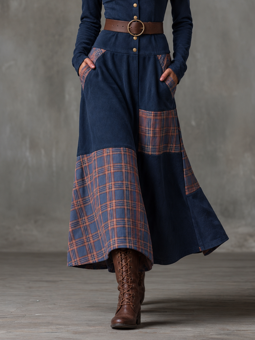 Helena Ivy | Belted Plaid Long-Sleeve Maxi Dress for Women