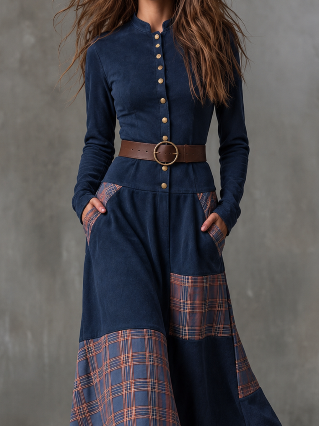 Helena Ivy | Belted Plaid Long-Sleeve Maxi Dress for Women