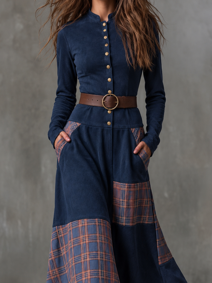 Helena Ivy | Belted Plaid Long-Sleeve Maxi Dress for Women