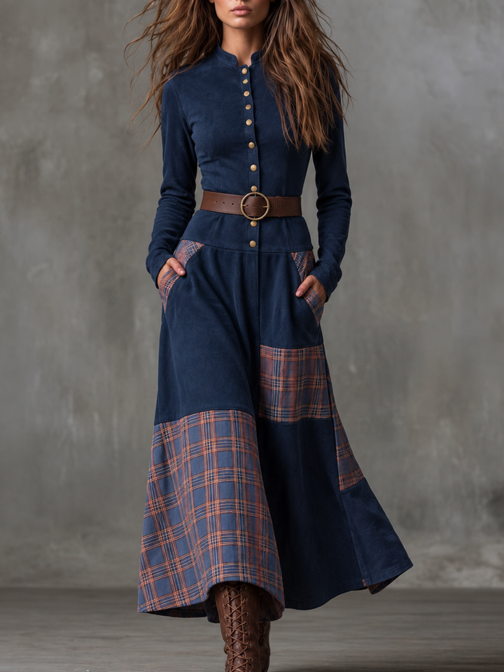 Helena Ivy | Belted Plaid Long-Sleeve Maxi Dress for Women
