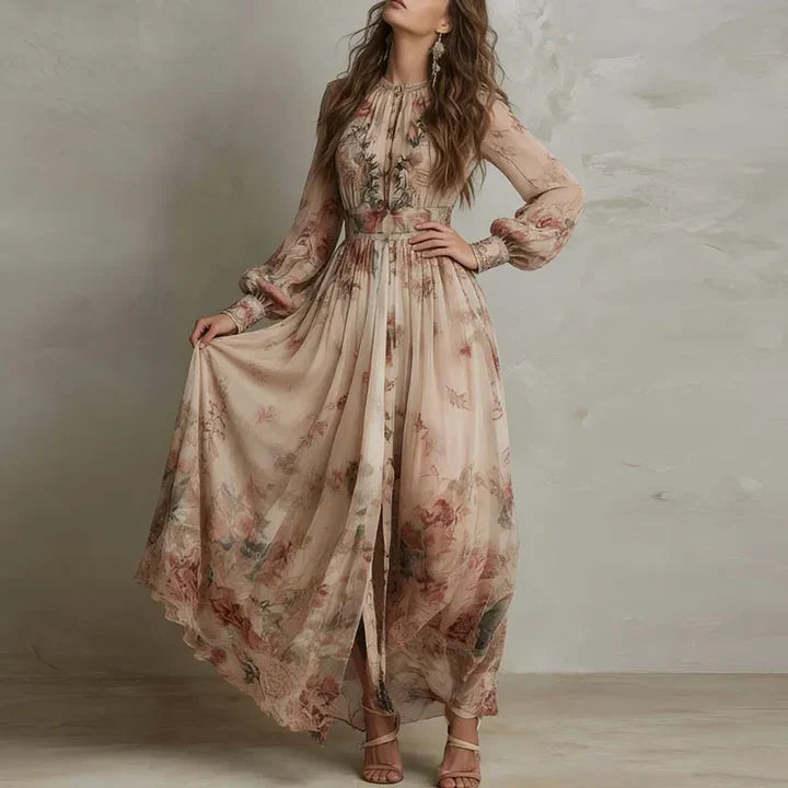 Vintage floral high-neck maxi dress for women by Bennett and Lowe, featuring a flowing silhouette and elegant floral pattern.