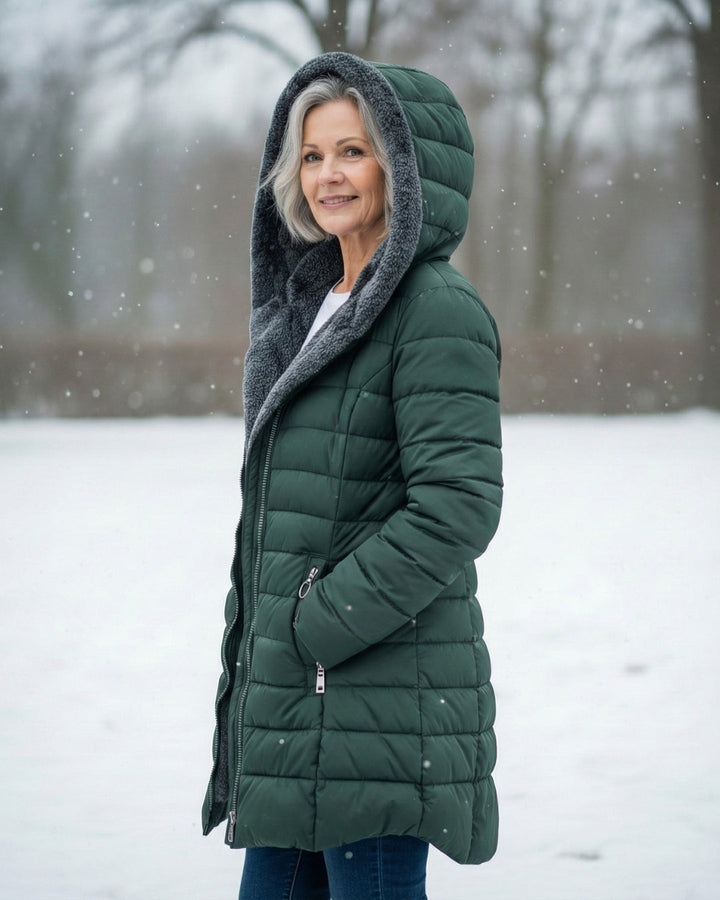 Bennett and Lowe Marguerite hooded quilted winter jacket with a padded design and adjustable hood, perfect for cold weather.