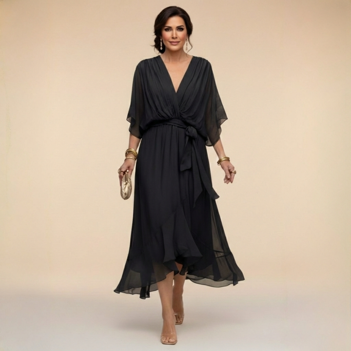 Clara wrap V-neck dress by Bennett and Lowe featuring a stylish, flowy design in a versatile fabric with a flattering fit.