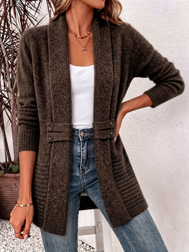 Sophie cozy knit summer cardigan by Bennett and Lowe, featuring lightweight fabric and a relaxed fit, displayed on a hanger.