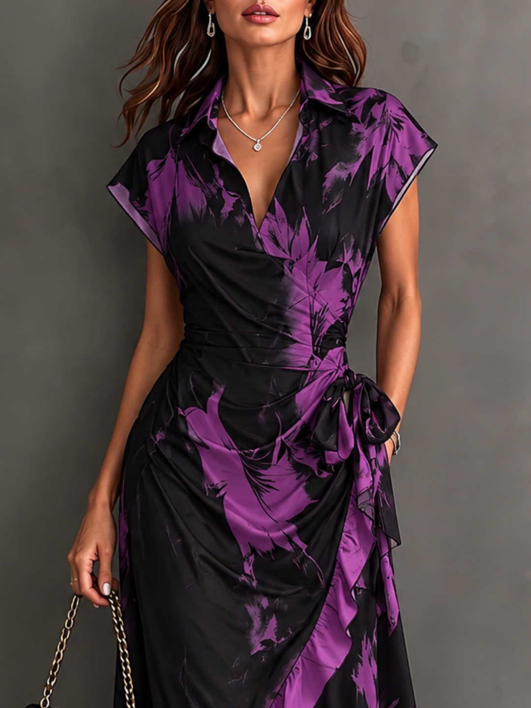 Bennett & Lowe Elisa purple abstract print midi wrap dress with flattering V-neck and tie waist