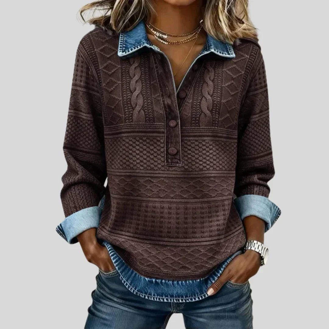 Vintage cable knit collared jumper for women by Bennett and Lowe, azalea color, showcasing the cozy knit texture and classic style.
