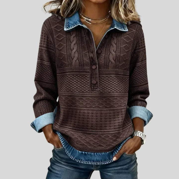 Vintage cable knit collared jumper for women by Bennett and Lowe, azalea color, showcasing the cozy knit texture and classic style.