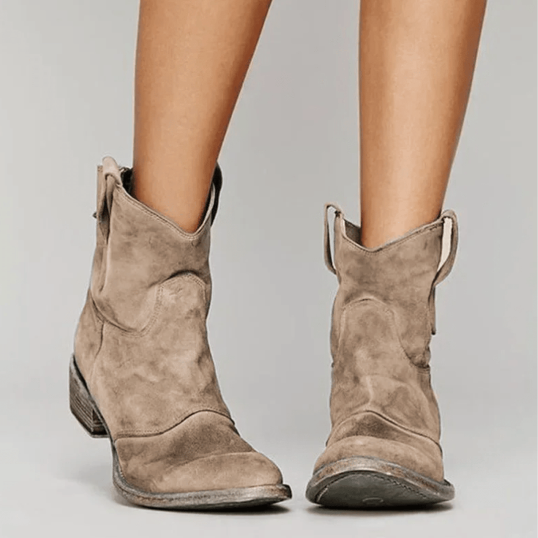 Bennett and Lowe Charlotte Comfort Suede Ankle Boots with low heel and rounded toe, in tan color, on a plain background.