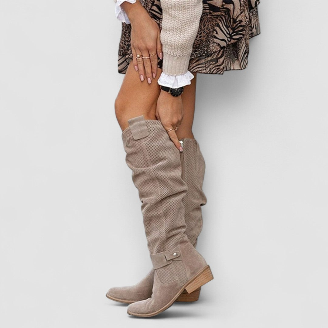 Hazel Bennett and Lowe slouch knee-high women's boots in black leather, featuring a rounded toe and low heel.