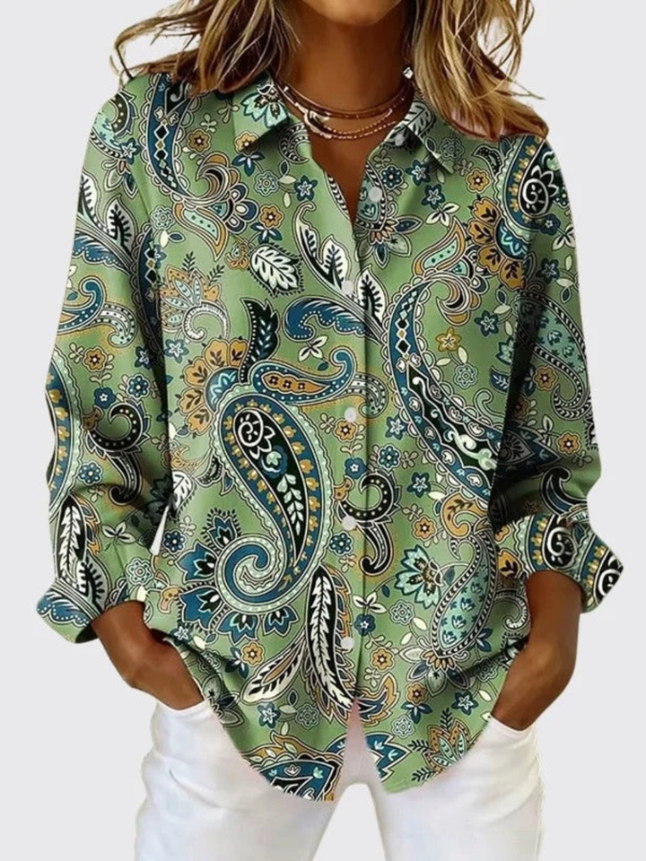 Joanna Bennett and Lowe paisley print button-up blouse for women, shown in a stylish close-up image.