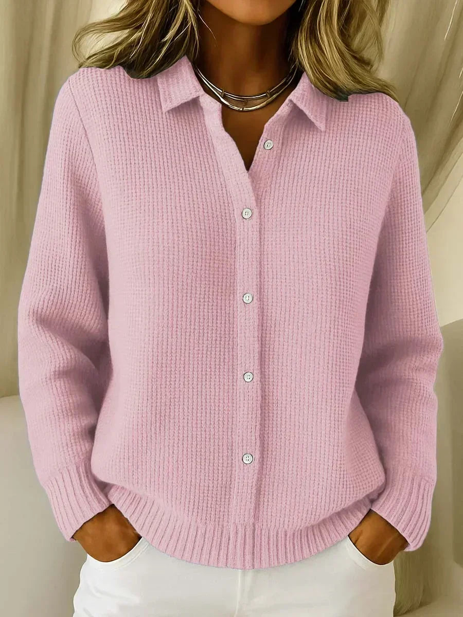 Katrina textured knit button cardigan for women by Bennett and Lowe, displayed in a close-up of the buttoned front and knit texture.