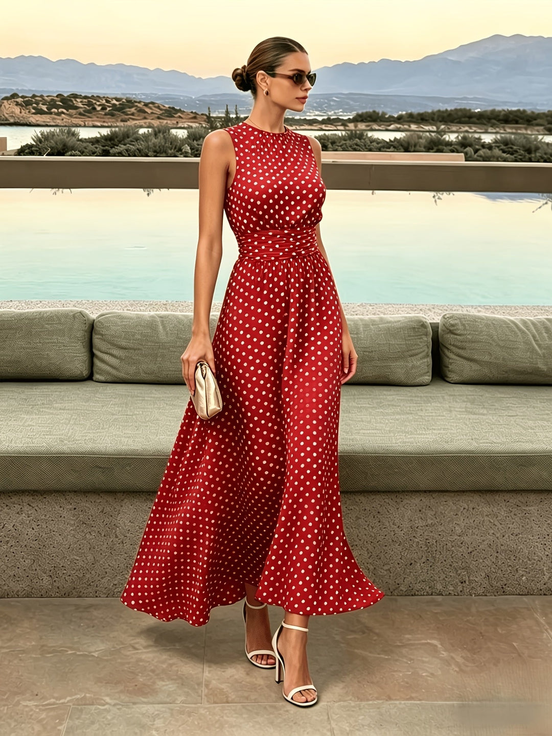Bennett and Lowe Colleen polka dot maxi dress with long sleeves and flowing skirt, displayed on a mannequin.