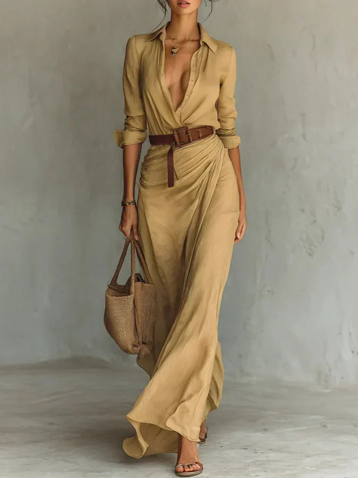 Una | Lapel V-Neck Belted Wrap Maxi Dress for Women
