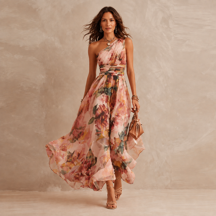 Celeste floral one-shoulder maxi dress by Bennett and Lowe, featuring vibrant floral print and flowing silhouette.