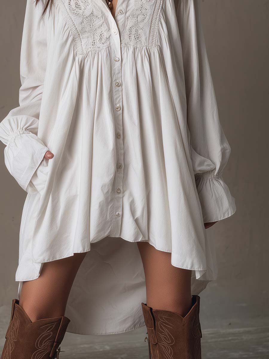 Olivia Newyork Country Muse Lucia lace detail irregular-hem mini dress, shown on a model with a flowy silhouette and delicate lace accents.