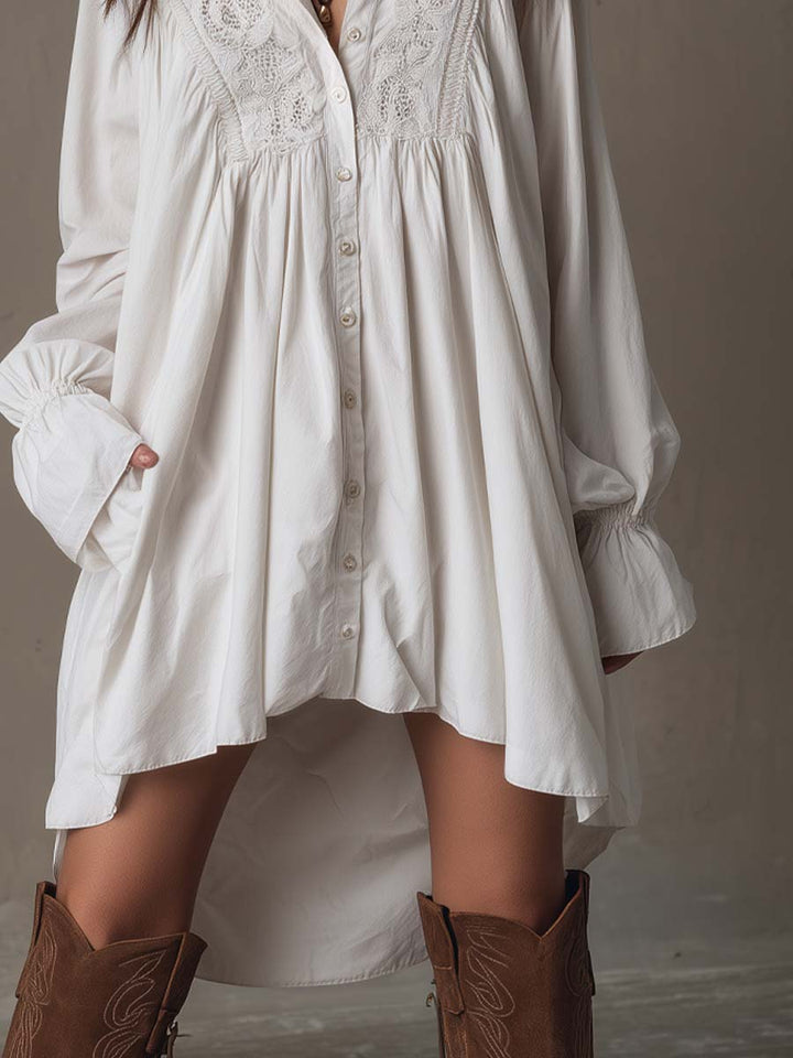 Olivia Newyork Country Muse Lucia lace detail irregular-hem mini dress, shown on a model with a flowy silhouette and delicate lace accents.