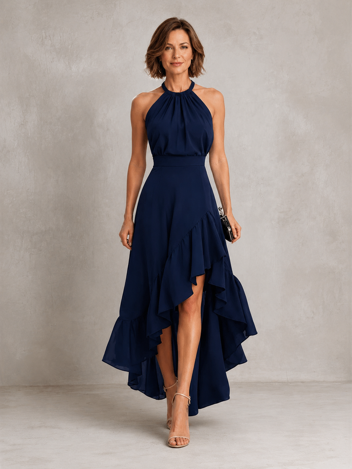Chloe halter ruffle hem dress by Bennett and Lowe, featuring a stylish design with ruffled details and a halter neckline.