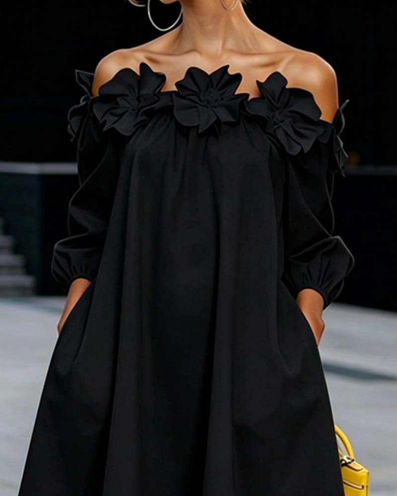 Rhoda™ off-shoulder floral appliqué dress by Bennett and Lowe, featuring a feminine design with floral details and elegant style.
