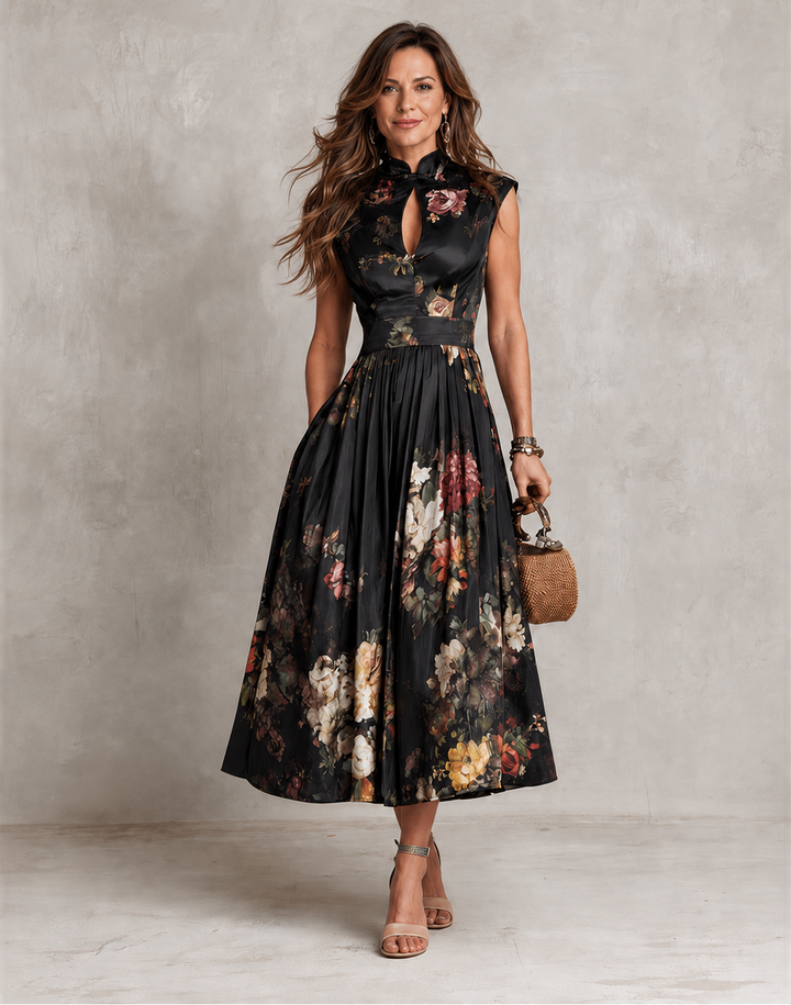 Mia Bennett & Lowe keyhole pleated satin dress with elegant design, showcasing smooth satin fabric and sophisticated style.