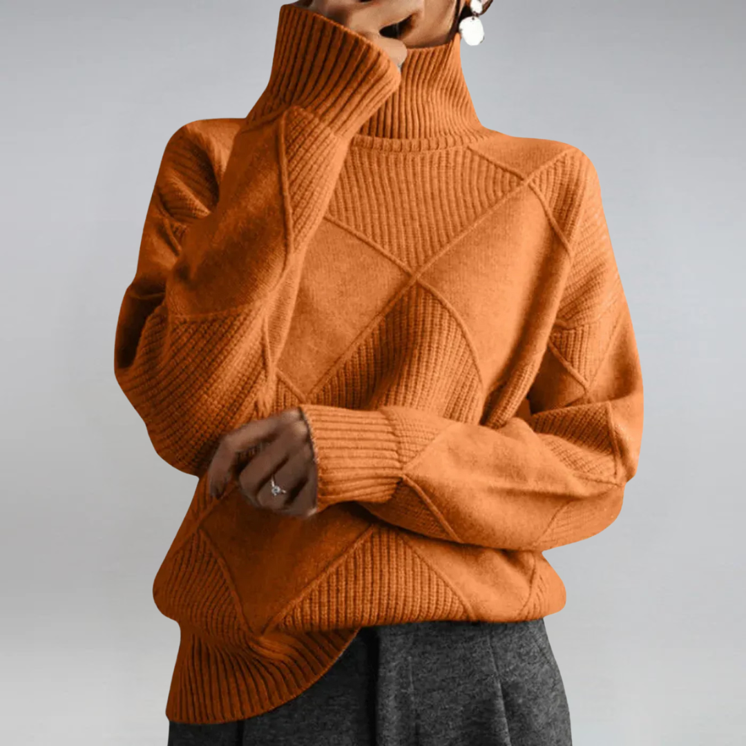 Lauren Bennett and Lowe long-sleeve knit turtleneck sweater for women, featuring a cozy, fitted design in neutral tones.