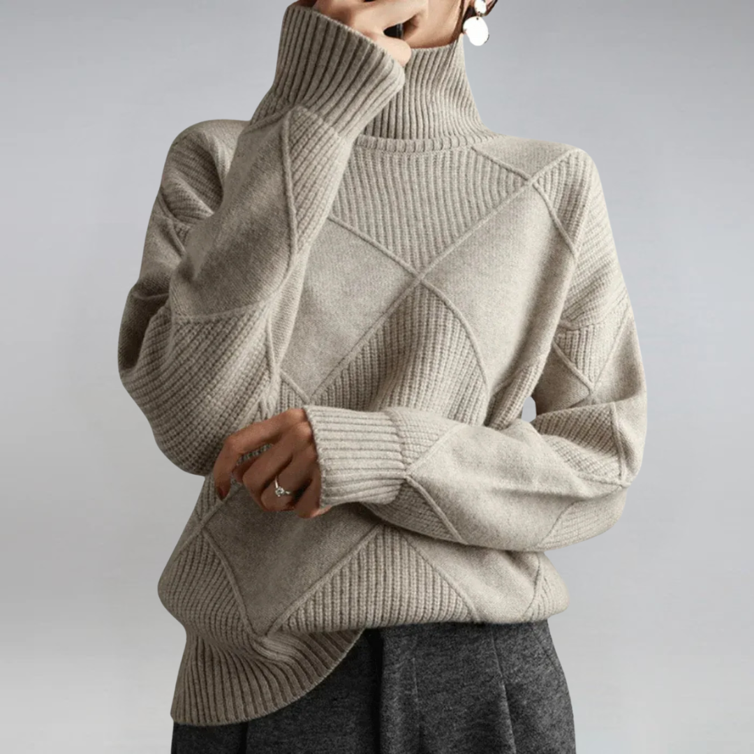 Lauren Bennett and Lowe women's long-sleeve turtleneck knit sweater, cozy and stylish for cold weather.
