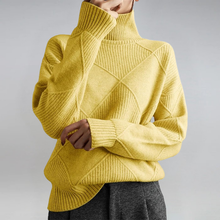 Bennett and Lowe Lauren long-sleeve turtleneck knit sweater for women, featuring a cozy, fitted design in a neutral color.