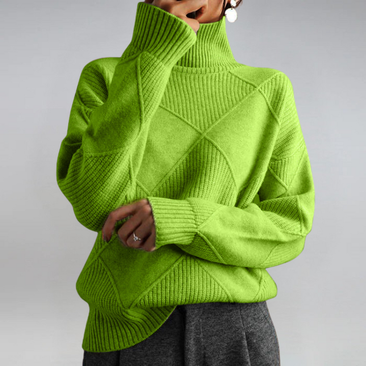 Lauren Bennett and Lowe women's long-sleeve turtleneck knit sweater, cozy and stylish for cold weather.