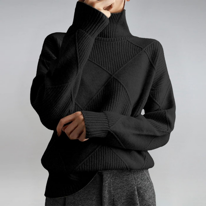 Bennett and Lowe Lauren women's long-sleeve turtleneck knit sweater, cozy wool blend, in neutral beige, close-up view