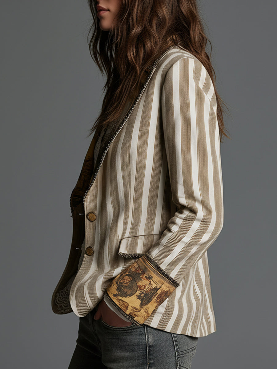 Marielle Bennett and Lowe boho striped long sleeve blazer for women with lapel collar and relaxed fit.