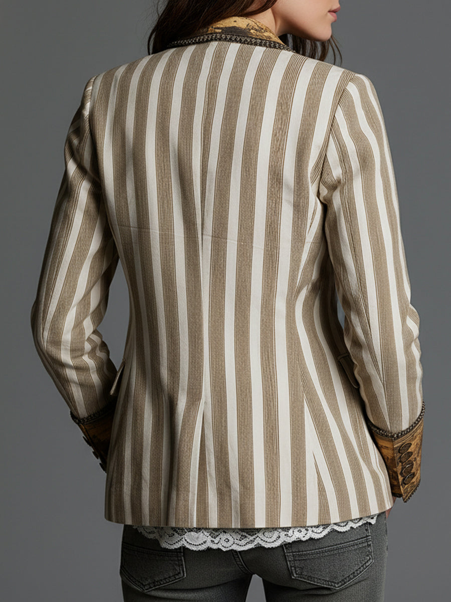 Marielle Bennett and Lowe boho striped long sleeve blazer with lapel for women, stylish and versatile fashion outerwear.