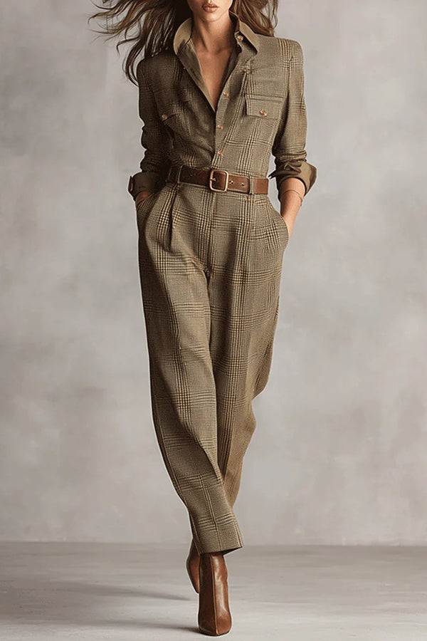 Aubrette | Plaid Belted Button-Front Tailored Jumpsuit for Women