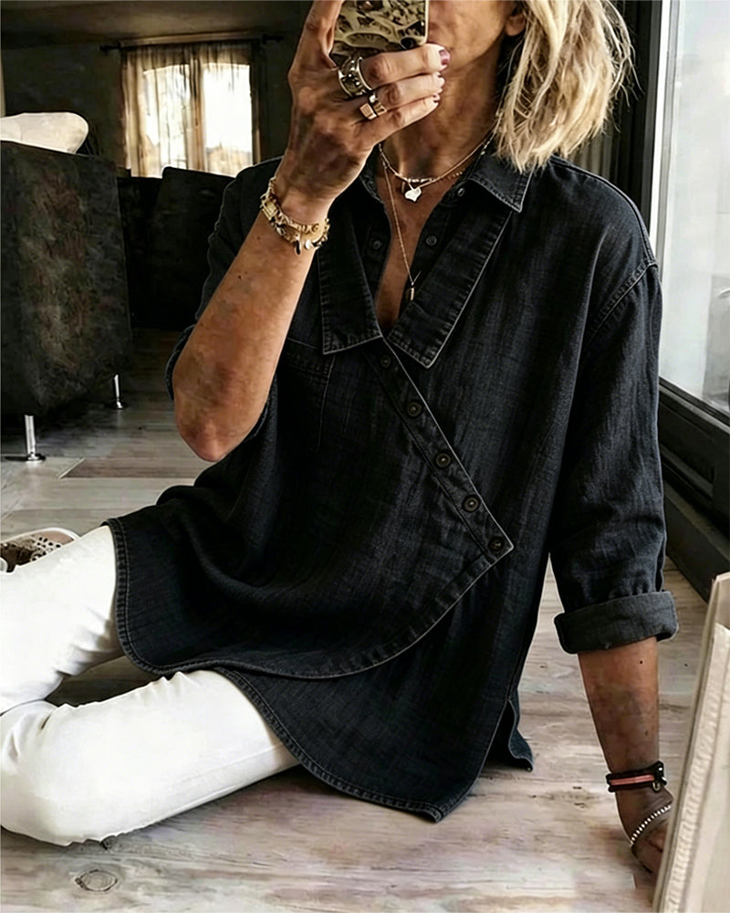 Bennett and Lowe Elodie diagonal-button collared blouse for women, shown in a stylish, fitted design with long sleeves.