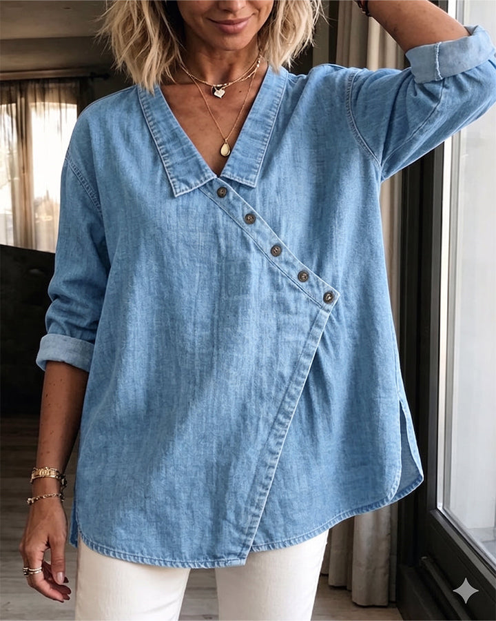 Elodie diagonal-button collared blouse for women by Bennett and Lowe, shown in a stylish, fitted blouse with button details.