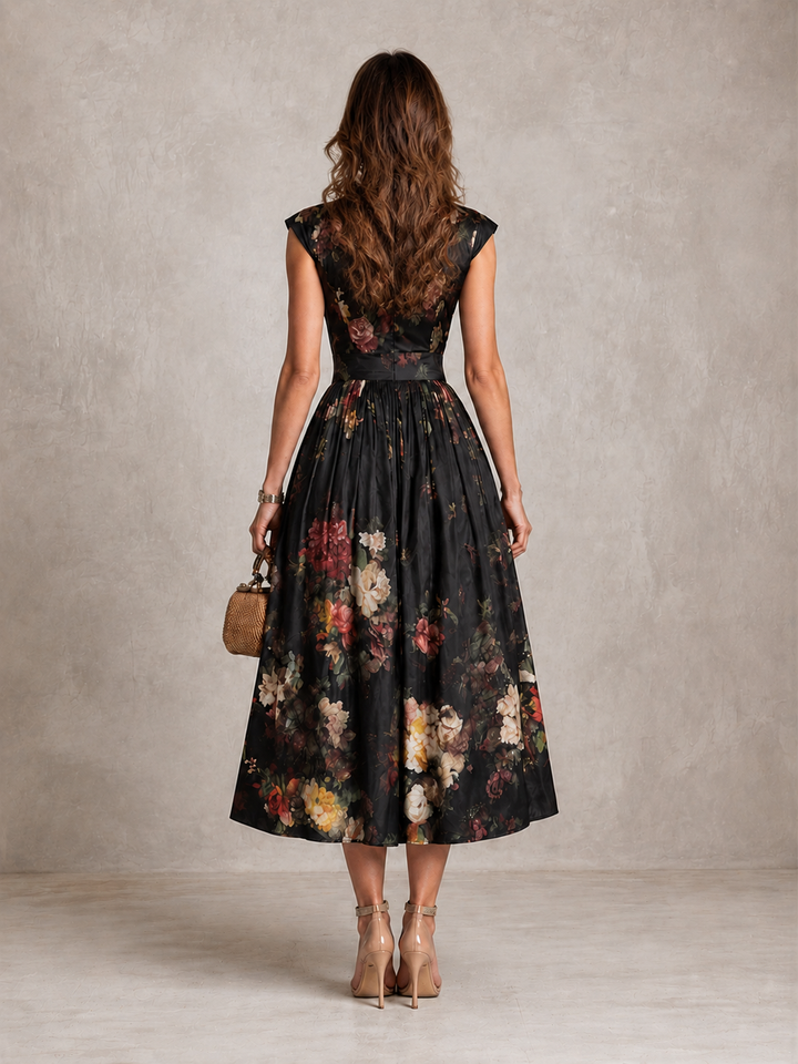 Elegant Mia satin dress by Bennett & Lowe featuring a keyhole neckline and pleated design, perfect for formal occasions.