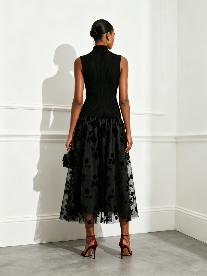 Bennett and Lowe Odalys mock-neck drop-waist floral midi dress with a flowing silhouette
