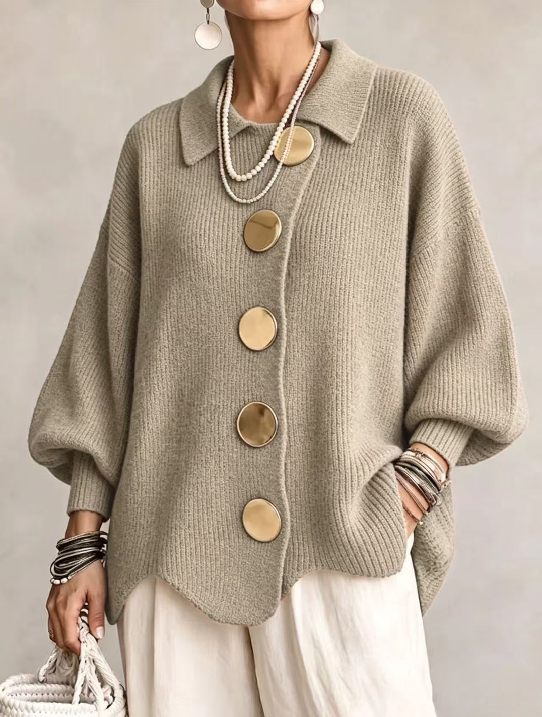 Isadora Bennett and Lowe oversized collared cardigan for women, shown in a cozy, knit fabric with a relaxed fit and button front.