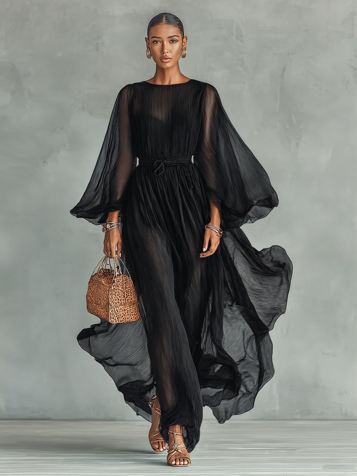 Greta | Pleated Sheer-Sleeve Belted Midi Dress for Women