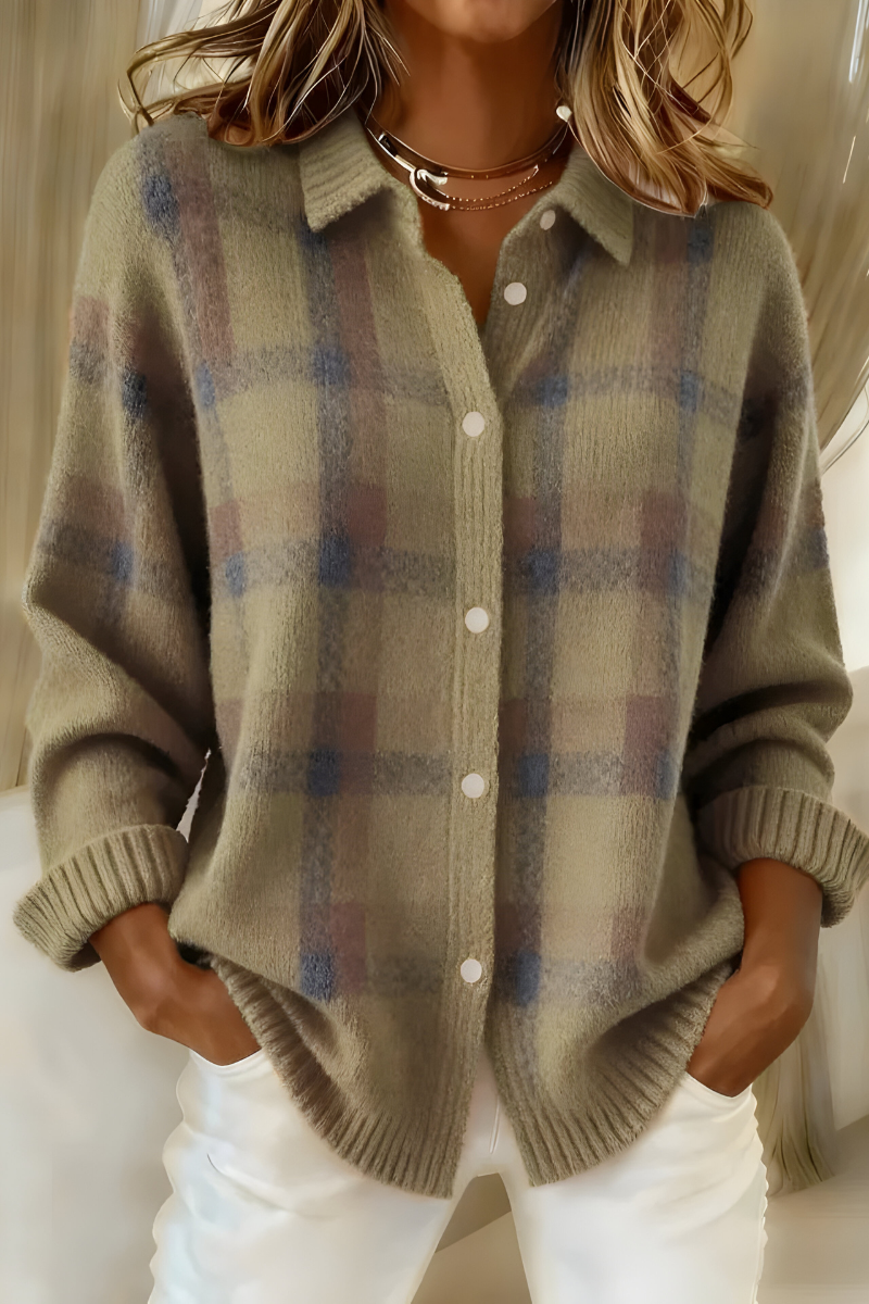 Anna plaid knit cardigan by Bennett and Lowe, showing a cozy, multicolored plaid pattern with button closure and ribbed cuffs.