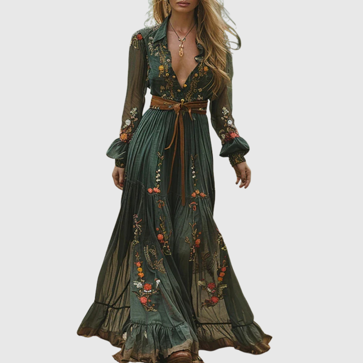 Alina Soleil | Embroidered V-Neck Long-Sleeve Boho Maxi Dress for Women