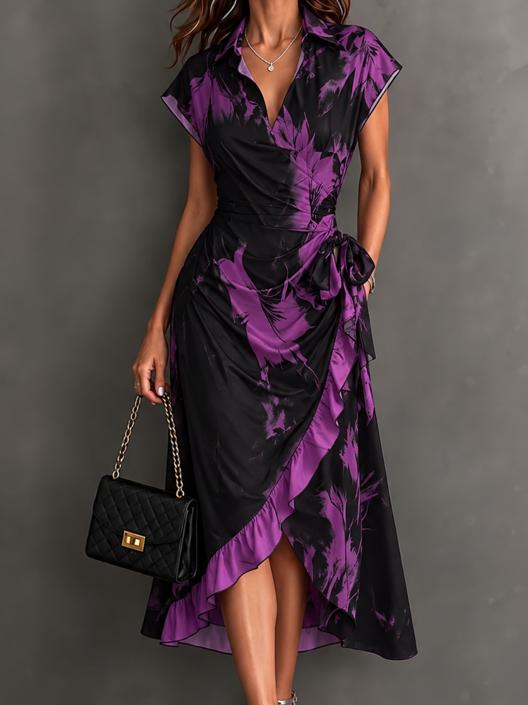 Bennett & Lowe Elisa purple abstract print midi wrap dress with long sleeves and tie waist